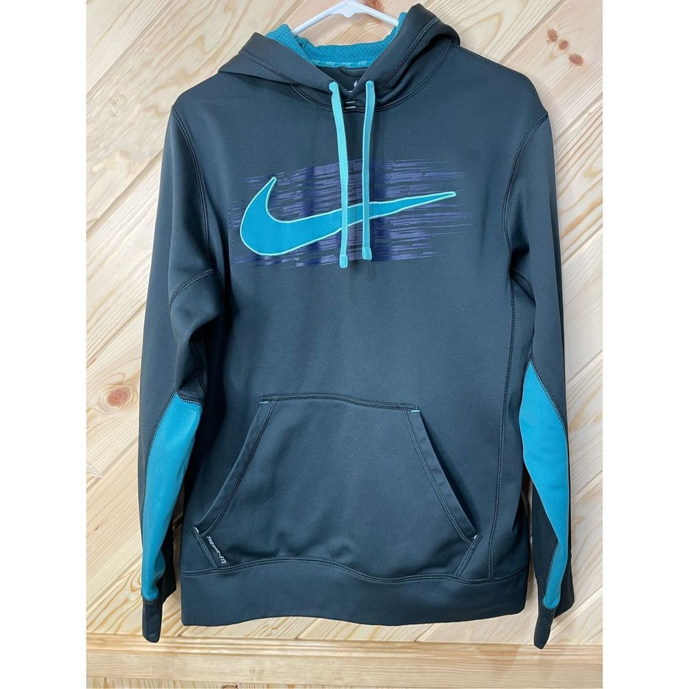 Nike Mens Therma Fit Pullover Hoodie Swoosh Pocket Drawstring Gray Blue Small